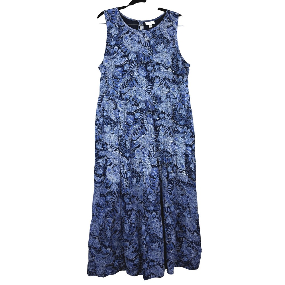 J. Jill Sleeveless Tiered Maxi Dress L Blue Paisley Cotton Cottage Peasant Beach